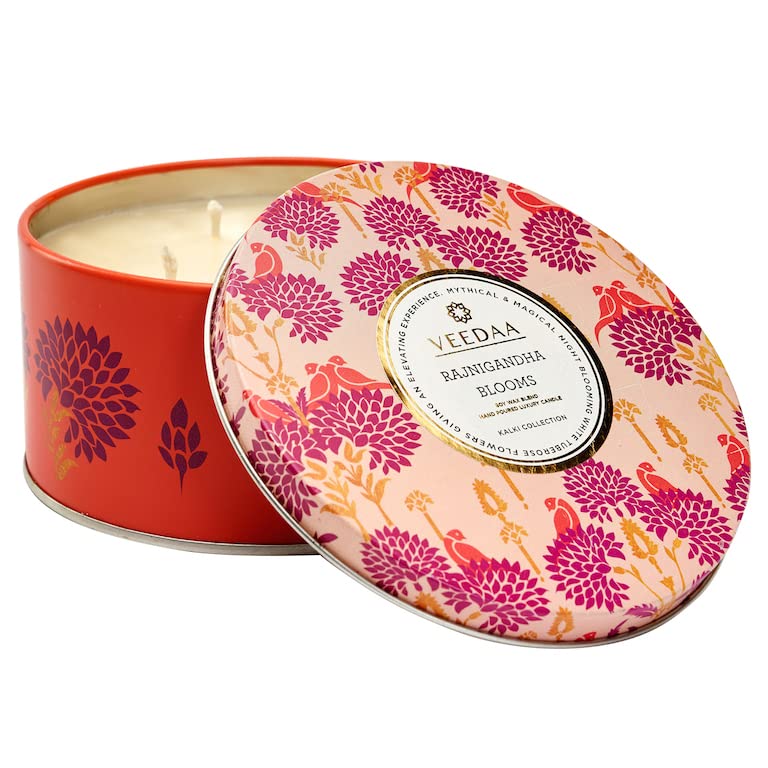 VEEDAA Soy Wax Blend Essential Oils Rajnigandha Blooms 3 Wick Metallic Tin Soy Scented Candle Burns 40 Hours - Image 3