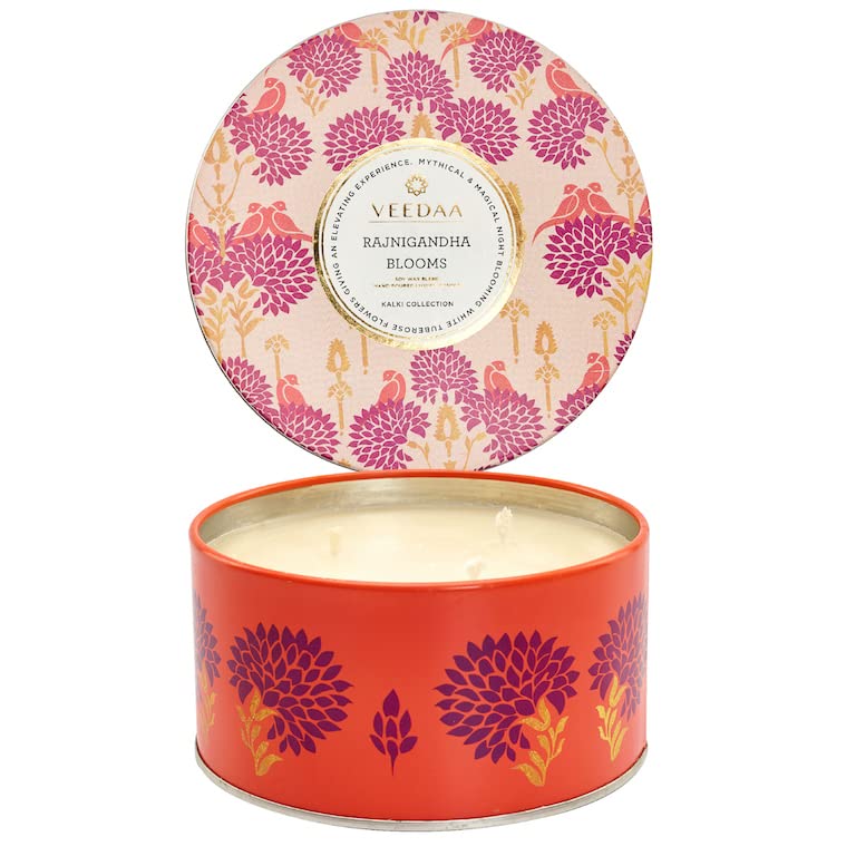 VEEDAA Soy Wax Blend Essential Oils Rajnigandha Blooms 3 Wick Metallic Tin Soy Scented Candle Burns 40 Hours - Image 2