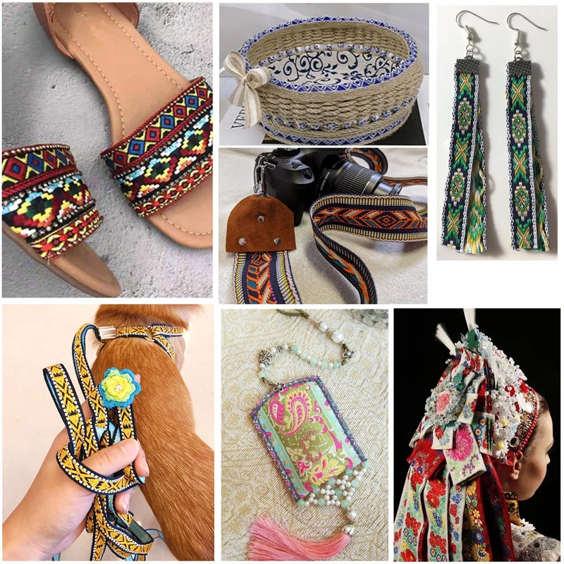 PH PandaHall 7 Yard Boho Jacquard Ribbon, 1 1/4 Inch Ethnic Emobridered Woven Ribbon Geometric Fabric Trim Fringe Vintage Persian Tape for Ramadan Clothing Bag Embellishment Decorations - Image 3
