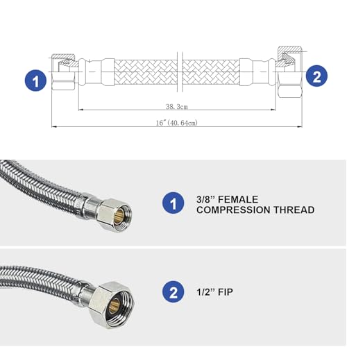 WMAXPFIT(2 Pack) 16 Inch Faucet Water Supply Line 3/8 Inch Female Comp. x 1/2 Inch FIP, Faucet Flexible Water Connector Hose, Stainless Steel Braided Water Supply Line (16 INCHES ANGLE KIT) - Image 4