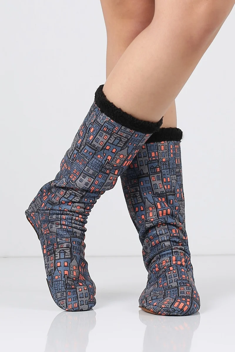 هامور Dough Colored Patterned Winter Socks Anti-Slip Booties CRP-051 Well Black