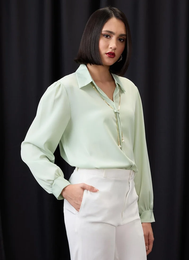 globus Globus Women Green Collared Neck Cuffed Sleeves Chain & Pearl Detail Shirt Style Workwear Top