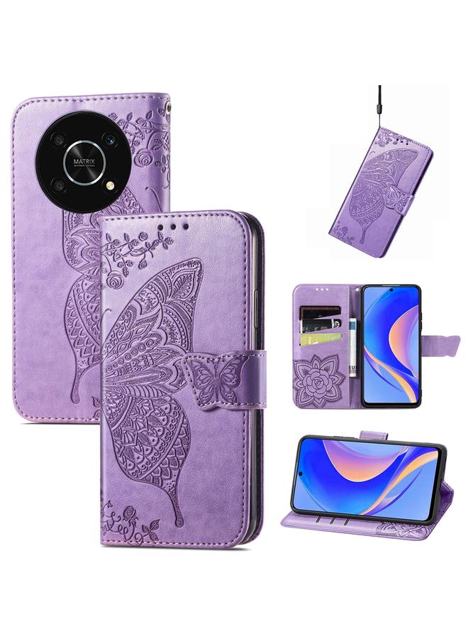 زبون جراب لهاتف Huawei nova Y90، جراب جلدي أفقي منقوش عليه زهرة حب الفراشة مع حامل / فتحة بطاقة / محفظة / حبل - Image 1