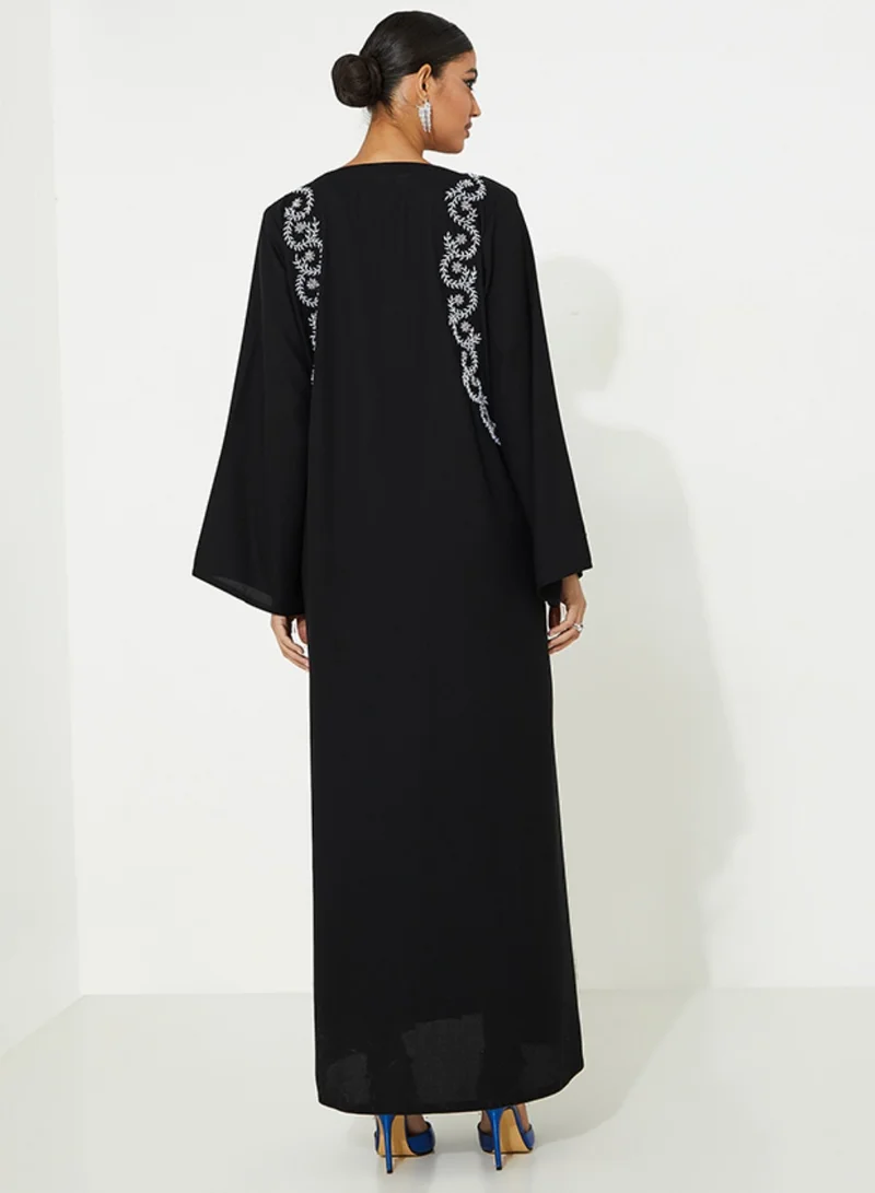 Rosette Abaya Black Abaya with hand embroidery Perl Design Front & Back
