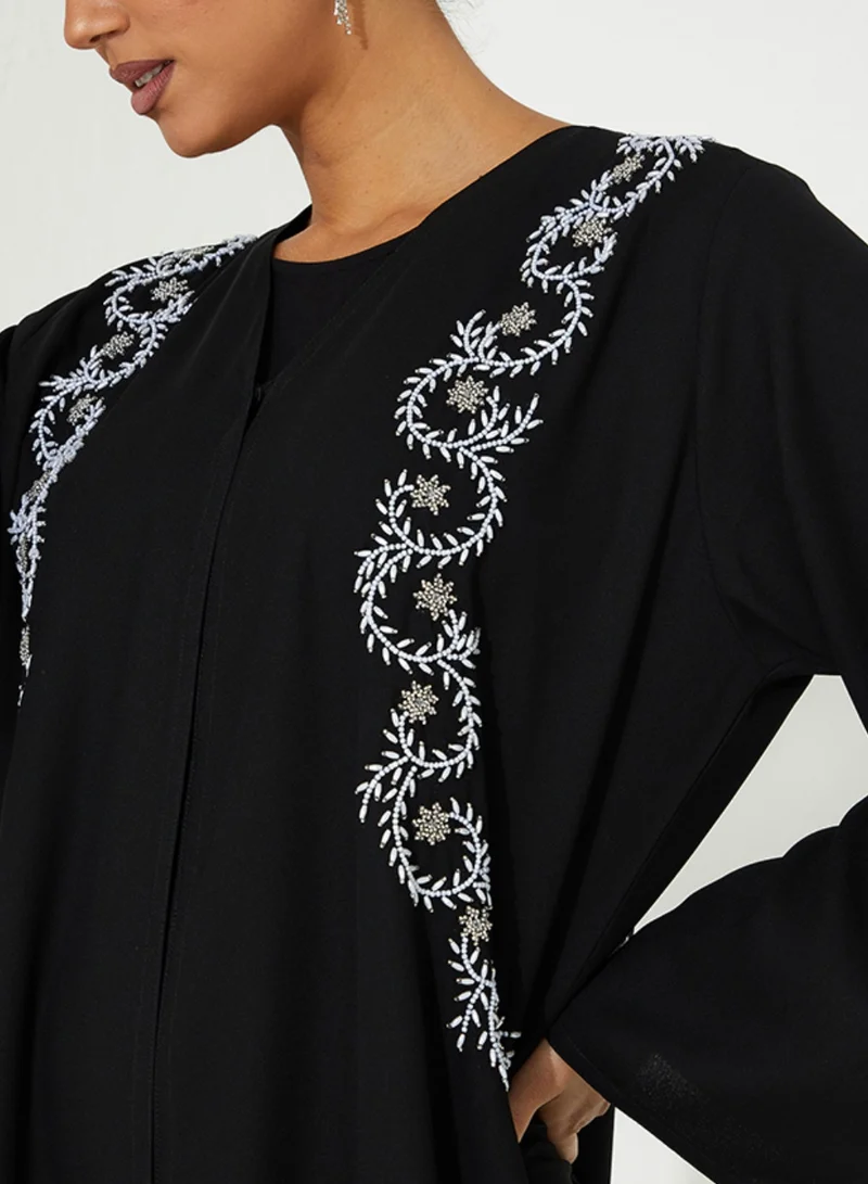 Rosette Abaya Black Abaya with hand embroidery Perl Design Front &amp; Back
