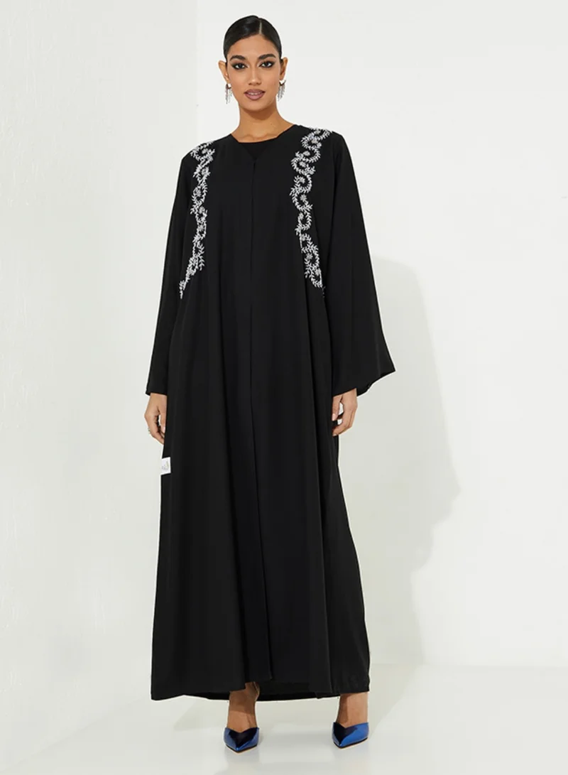 Rosette Abaya Black Abaya with hand embroidery Perl Design Front & Back