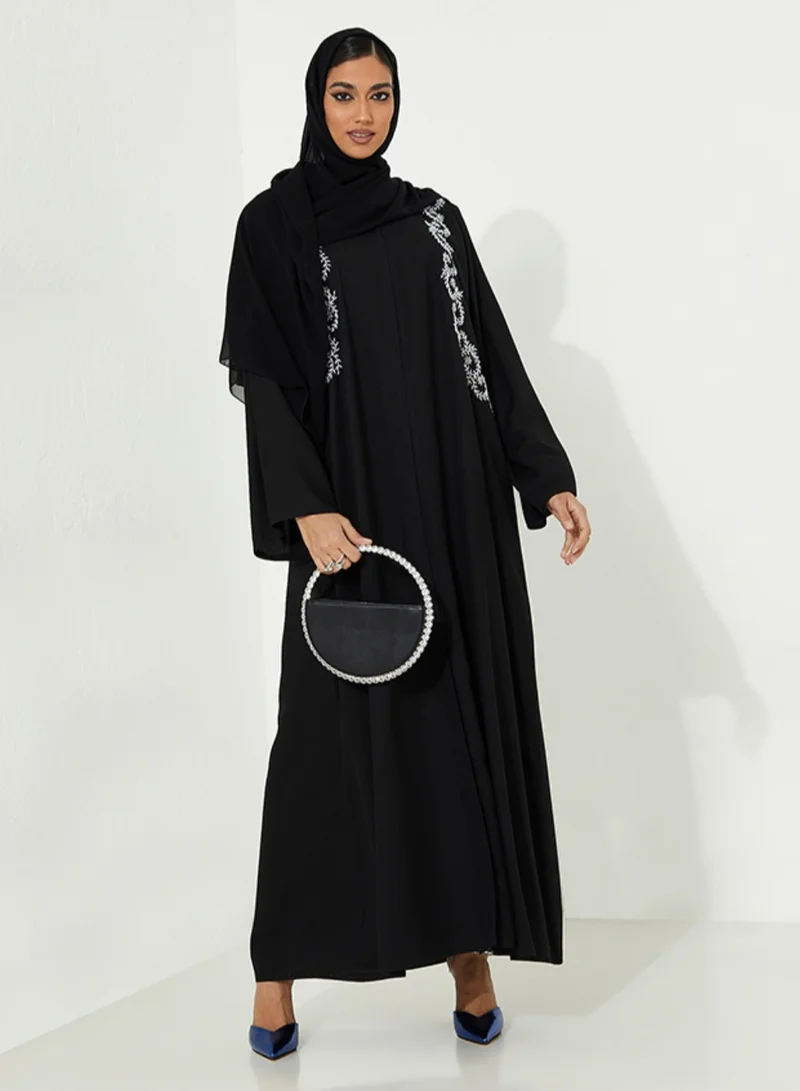 Rosette Abaya Black Abaya with hand embroidery Perl Design Front &amp; Back