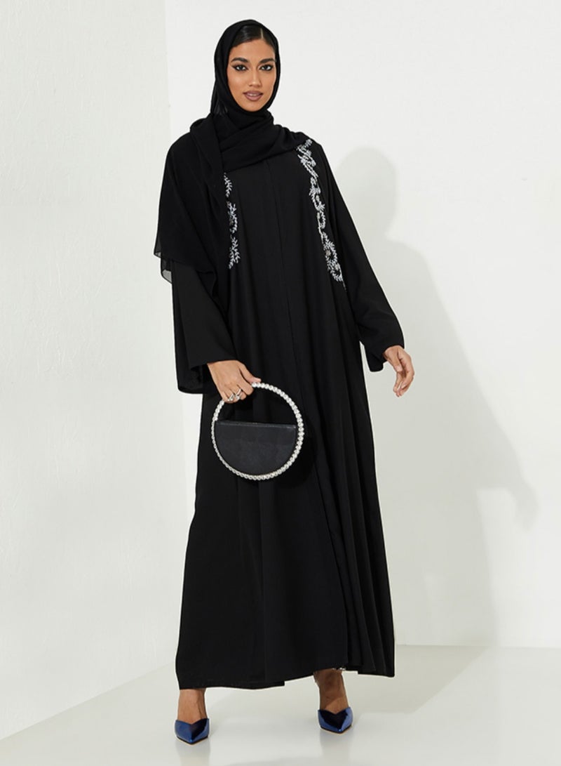 روزيت عباية عباءة سوداء بتطريز يدوي بتصميم لؤلؤي من الأمام والخلف - Image 4