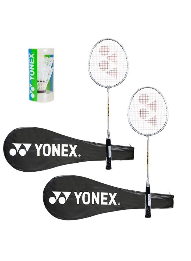يونيكس مضرب تنس الريشة YONEX GR 303 (مزيج من الألومنيوم) مع غطاء كامل وكرتي ريشة (لون فضي) - طقم مكون من مضربين - Image 1