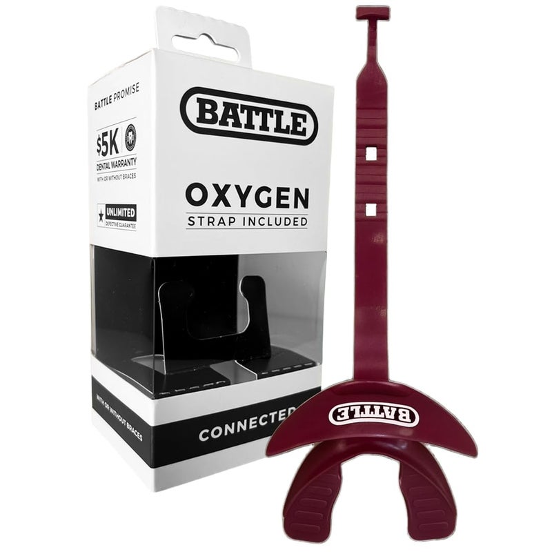 Battle Oxygen Lip Protector Mouth Guard with Connected Strap, Football and Sports Gear, Maximum Oxygen Supply, Mouthpiece Fits With or Without Braces - One Size, Maroon - Image 1
