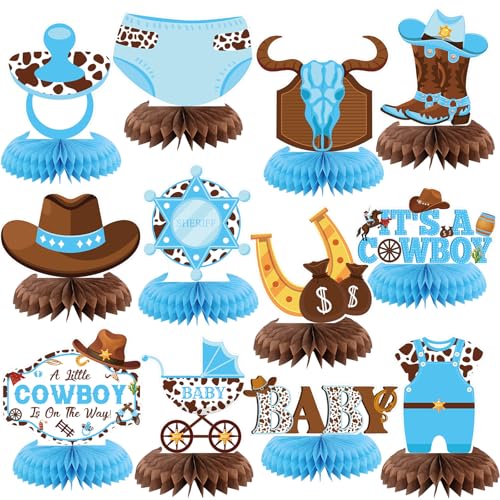 Moinchore 12 Pcs Cowboy Baby Shower Decorations a Little Cowboy Is on the Way Honeycomb Centerpieces Western Baby Shower Decorations Western Table Topper Table Decoration for Birthday Party Favors - Image 1
