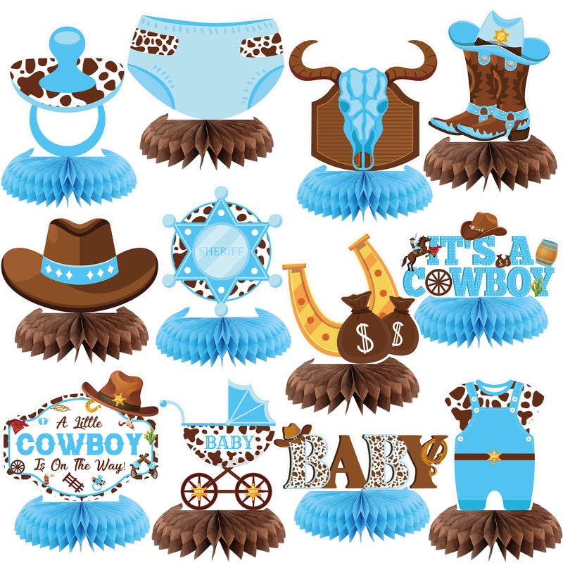 Moinchore 12 Pcs Cowboy Baby Shower Decorations a Little Cowboy Is on the Way Honeycomb Centerpieces Western Baby Shower Decorations Western Table Topper Table Decoration for Birthday Party Favors - Image 3