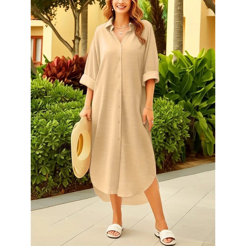 Women's Ice Silk Crepe Shirt, Solid Color, Turn-down Collar, Long Sleeve, Loose Fit, Mid Length - Image 2