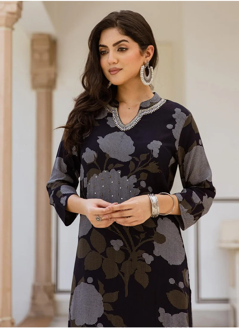 آي شين Women's Blue Rayon Printed Tunic Full Length Palazzo Straight Fit Kurta Set