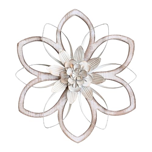 Remenna Metal & Wood Flowers Wall Decor, Rustic Wall Art Decoration Farmhouse Wall Decorations Multiple Floral Hanging Decor for Bathroom Living Room Home Office Garden Kitchen White 12inch - Image 1