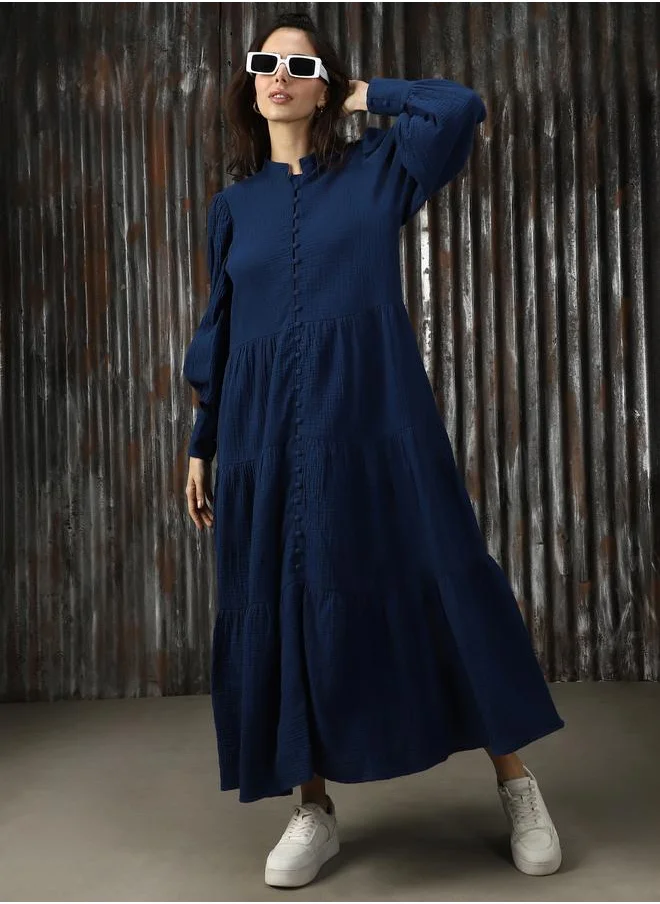 HIGH STAR Women Mandarin Neck Balloon Sleeves Pure Cotton A-Line Fit & Flare Textured Cotton Midi Dress