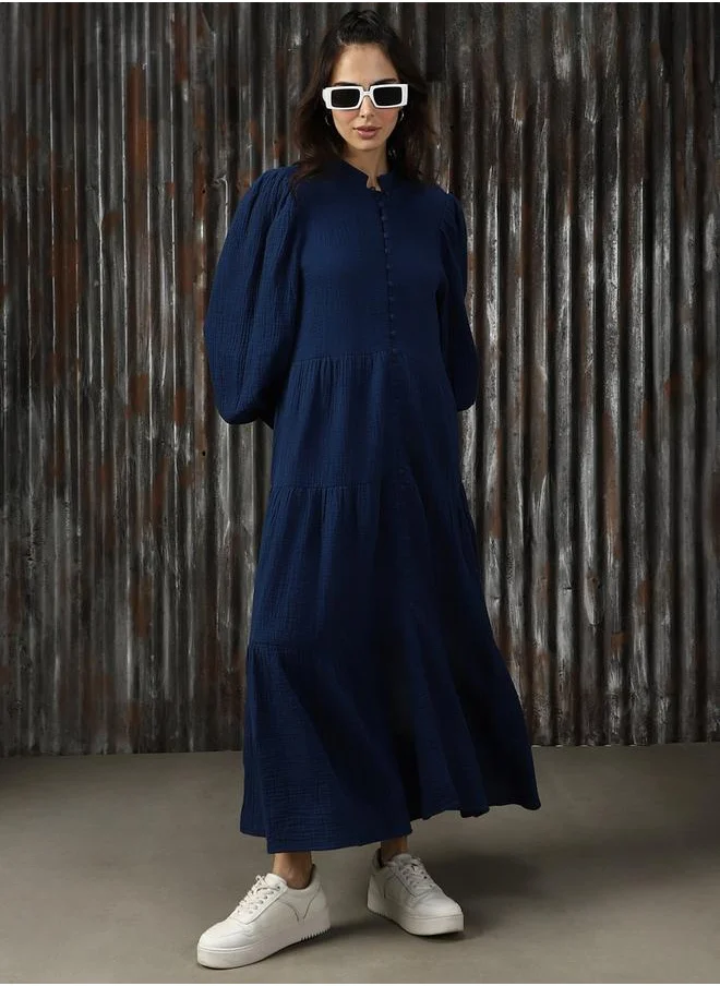 HIGH STAR Women Mandarin Neck Balloon Sleeves Pure Cotton A-Line Fit & Flare Textured Cotton Midi Dress