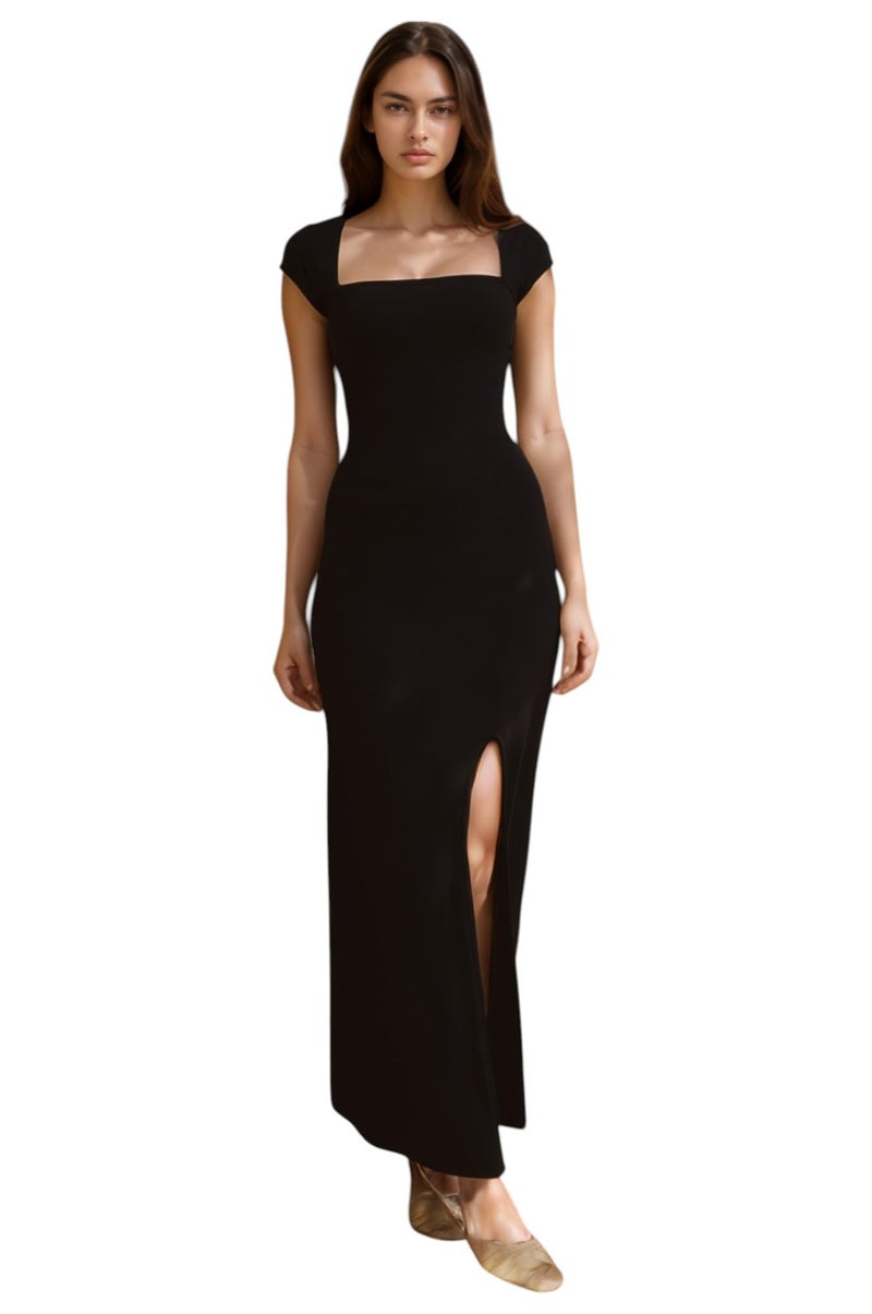 IUGA Black Bodycon Maxi Dress with Square Neck and Front Slit - Image 3