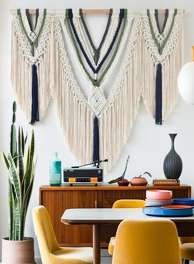 Jakalin Macrame Wall Hanging Handwoven Boho Wall Decor 47" W x 35" L Wavy Fringe Arc Shaped Tassel Tapestry for Living Room Bedroom (Ivory Blue Green - Image 3