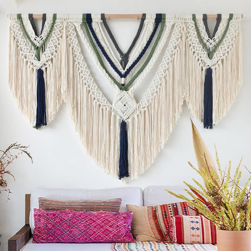 Jakalin Macrame Wall Hanging Handwoven Boho Wall Decor 47" W x 35" L Wavy Fringe Arc Shaped Tassel Tapestry for Living Room Bedroom (Ivory Blue Green - Image 1