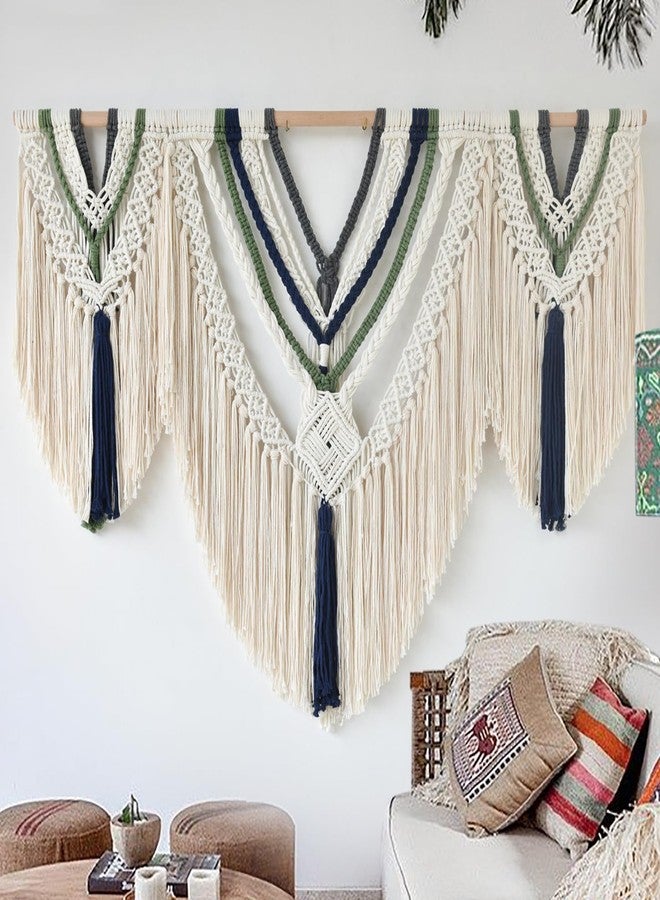 Jakalin Macrame Wall Hanging Handwoven Boho Wall Decor 47" W x 35" L Wavy Fringe Arc Shaped Tassel Tapestry for Living Room Bedroom (Ivory Blue Green - Image 4
