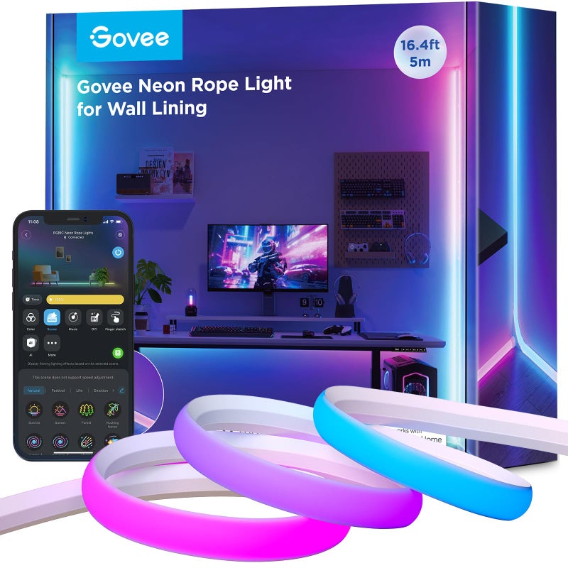 Govee Govee Neon Rope Light for Wall Lining, LED Rope Lights Work with Matter, Google Assistant, Alexa, 16.4ft RGBIC Strip Lights with Smart App Control and Music Sync for Living Room, Bedroom, Wall Corners  - Image 1