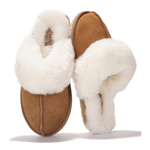 Project Cloud 100% Genuine Leather and Australian Sheepskin Scuff Slippers for Women - Non- Slip Womens Slippers Memory Foam House Slipper (Lynsey, CHSTNUT, 6.5) - Image 1