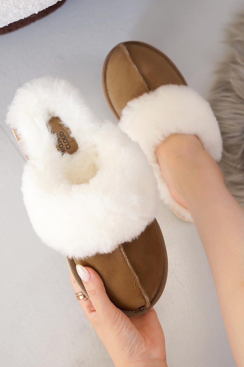 Project Cloud 100% Genuine Leather and Australian Sheepskin Scuff Slippers for Women - Non- Slip Womens Slippers Memory Foam House Slipper (Lynsey, CHSTNUT, 6.5) - Image 2