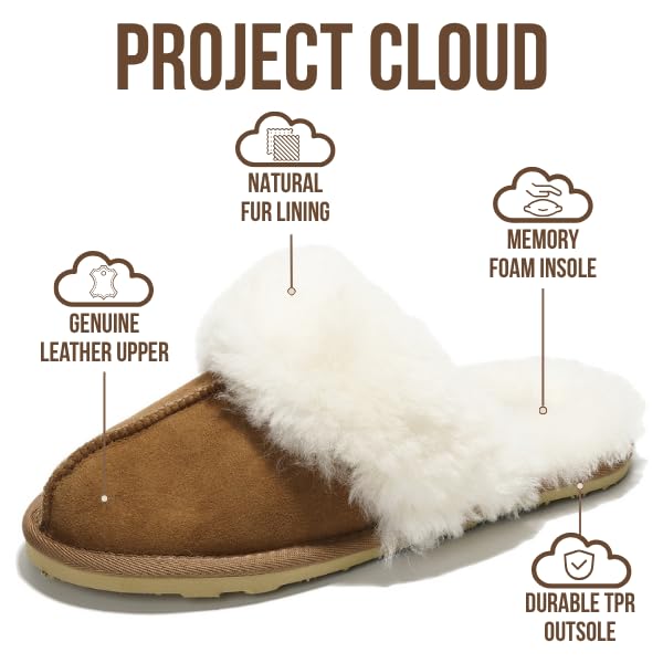 Project Cloud 100% Genuine Leather and Australian Sheepskin Scuff Slippers for Women - Non- Slip Womens Slippers Memory Foam House Slipper (Lynsey, CHSTNUT, 6.5) - Image 3