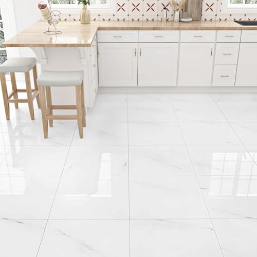 WESTICK بلاط أرضيات فينيل مقاوم للماء من WESTICK بتصميم رخام أبيض، بلاط لاصق سهل التركيب للمطبخ وغرفة النوم والمخيم 12 × 12 بوصة 5 قطع - Image 4