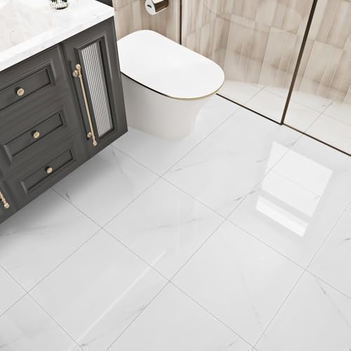 WESTICK بلاط أرضيات فينيل مقاوم للماء من WESTICK بتصميم رخام أبيض، بلاط لاصق سهل التركيب للمطبخ وغرفة النوم والمخيم 12 × 12 بوصة 5 قطع - Image 5