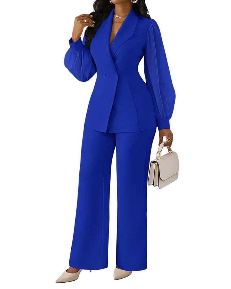 Kafiloe Women's Suits 2 Piece Set Dressy Long Sleeve Blazer Pants Suits Work Office Business Casual Outfits Royal Blue L - Image 1