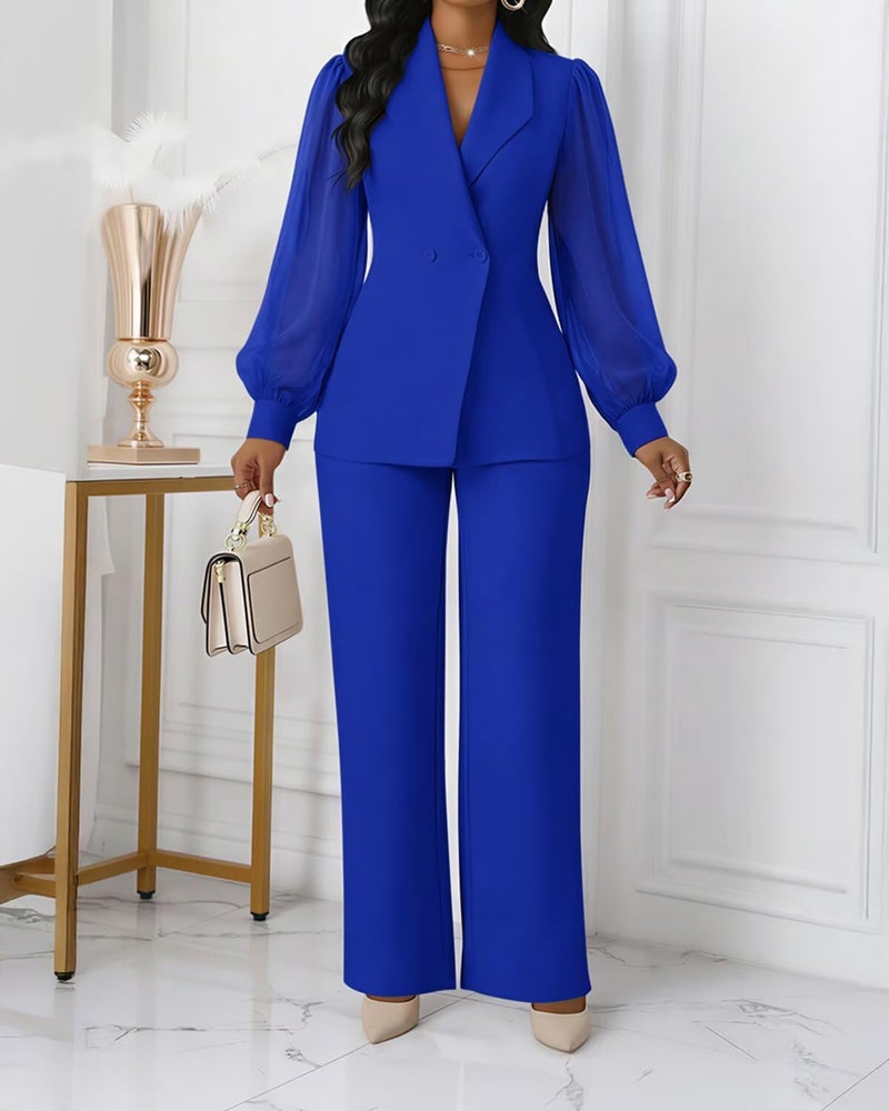 Kafiloe Women's Suits 2 Piece Set Dressy Long Sleeve Blazer Pants Suits Work Office Business Casual Outfits Royal Blue L - Image 3
