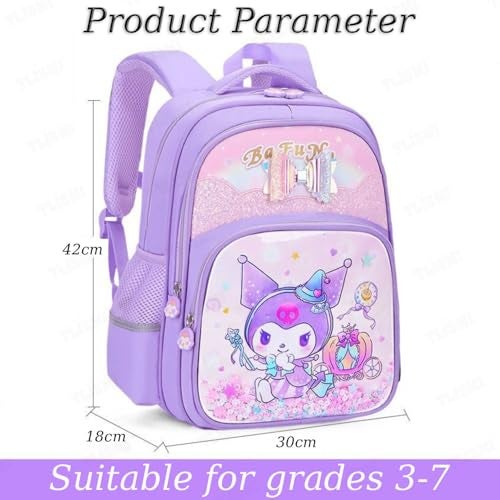 TLISMI Cute Kuromi Cartoon Design School Bag with Glitter Sequins & Shiny Bowknot, Kawaii Lightweight Spine Protective Water Resistant Large Capacity Princess Style Bookbag for Elementary School Girls - Image 3