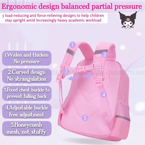 TLISMI Cute Kuromi Cartoon Design School Bag with Glitter Sequins & Shiny Bowknot, Kawaii Lightweight Spine Protective Water Resistant Large Capacity Princess Style Bookbag for Elementary School Girls - Image 5