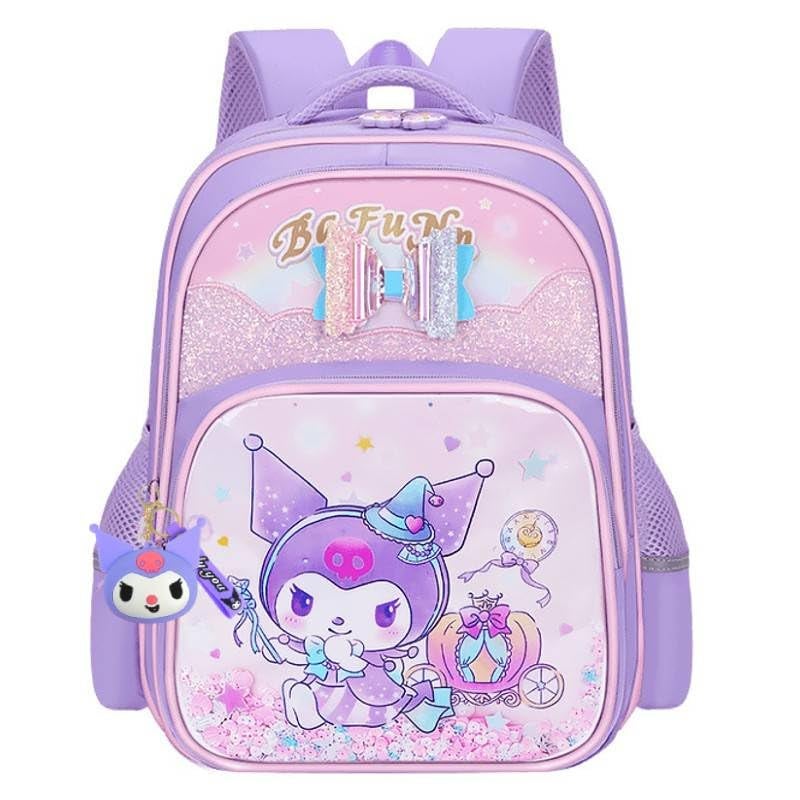 TLISMI Cute Kuromi Cartoon Design School Bag with Glitter Sequins & Shiny Bowknot, Kawaii Lightweight Spine Protective Water Resistant Large Capacity Princess Style Bookbag for Elementary School Girls - Image 1