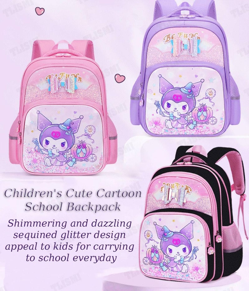 TLISMI Cute Kuromi Cartoon Design School Bag with Glitter Sequins & Shiny Bowknot, Kawaii Lightweight Spine Protective Water Resistant Large Capacity Princess Style Bookbag for Elementary School Girls - Image 2