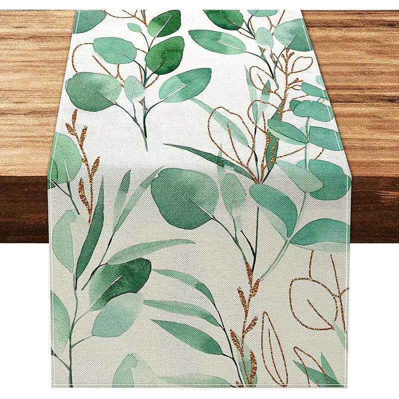 Alynsehom Green Leaves Table Runner, Spring Summer Watercolor Table Runner, Rustic Farmhouse Table Decorations for Kitchen Dining Coffee Living Room Holiday Party Decor(13x72Inch) - Image 1