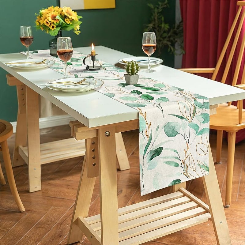 Alynsehom Green Leaves Table Runner, Spring Summer Watercolor Table Runner, Rustic Farmhouse Table Decorations for Kitchen Dining Coffee Living Room Holiday Party Decor(13x72Inch) - Image 2