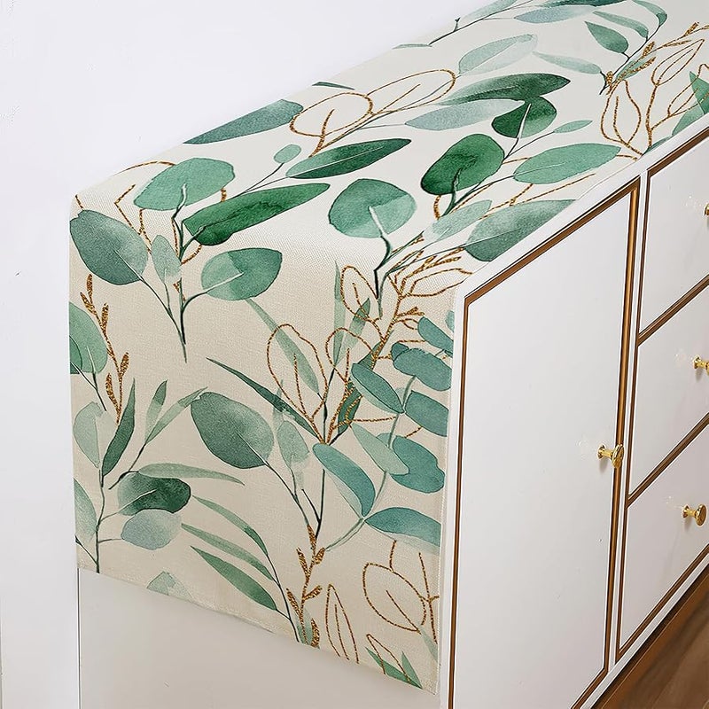 Alynsehom Green Leaves Table Runner, Spring Summer Watercolor Table Runner, Rustic Farmhouse Table Decorations for Kitchen Dining Coffee Living Room Holiday Party Decor(13x72Inch) - Image 5