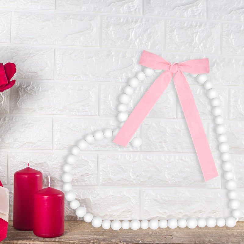 Demonwer 12 Inch Valentines Wreath Decorations White Wooden Bead Heart Wreath with Bow Farmhouse Rustic Beads Garland for Valentines Wedding Anniversary Party Decor (White) - Image 1