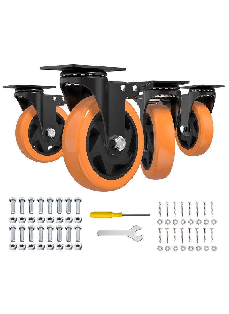 JIN FU TOU Heavy Duty 4 Casters Set of 4 Industrial Swivel Wheels with Brake 2300lbs Load Capacity Orange Ideal for Furniture Workbench Cart Includes Free Screws and Spanner 