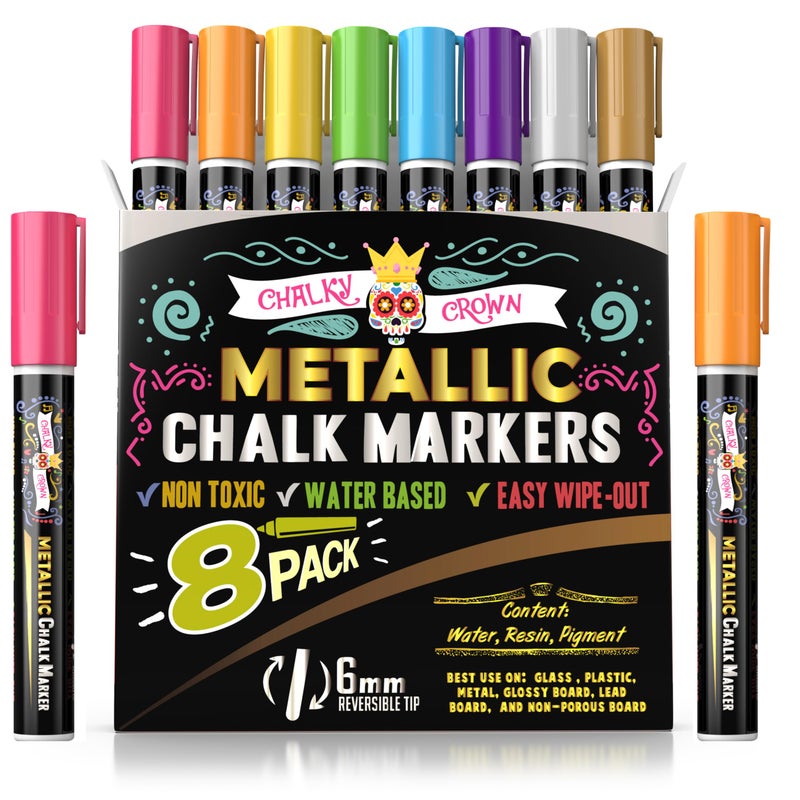 Markers الطباشير المعدنية السائلة CHALKY CROWN 8 عبوة مع رؤوس قابلة للعكس و رؤوس مائلة خالية من الغبار قابلة للمسح غير سامة مثالية للألواح السوداء والنوافذ وأدوات الكتابة الزجاجية