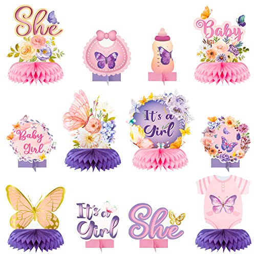 JAPBOR 12pcs Butterfly Baby Shower Party Honeycomb Table Centerpieces Its a Girl Purple and Pink Decorations for Baby Girl Gender Reveal Party Birthday Floral Butterflies Table Toppers - Image 1