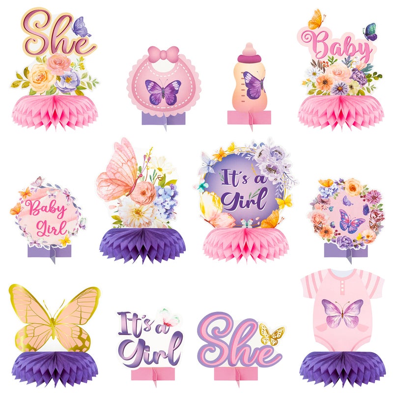 JAPBOR 12pcs Butterfly Baby Shower Party Honeycomb Table Centerpieces Its a Girl Purple and Pink Decorations for Baby Girl Gender Reveal Party Birthday Floral Butterflies Table Toppers - Image 2