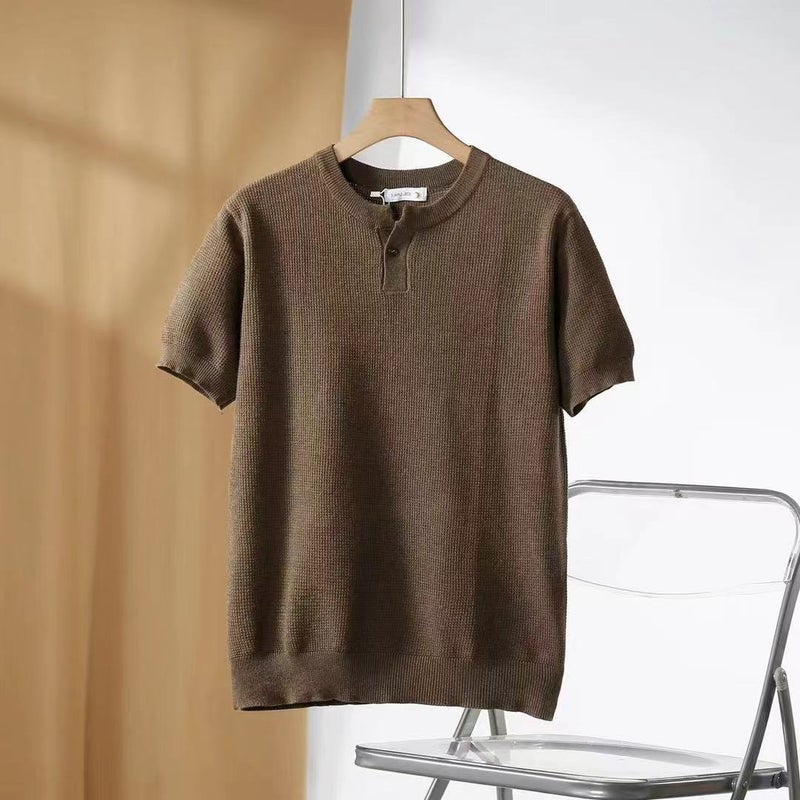 Pineapple Stitching Texture Casual Simple Men'S Henry Collar T-Shirt Solid Color Loose All-Match Short-Sleeve Sweater - Image 1