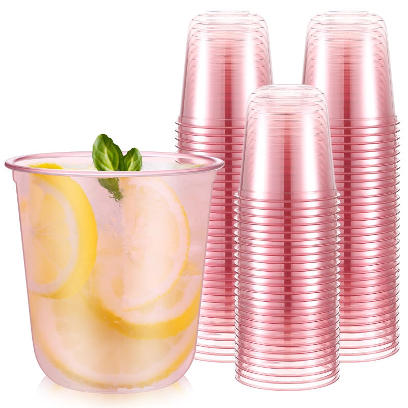 Ziliny 50 Pcs Disposable Stemless Glasses 12oz Crystal Plastic Wine Glasses Clear Classic Pet Cup for Meeting Weddings Birthdays Cocktail Christmas Party Supplies (Pink) - Image 1