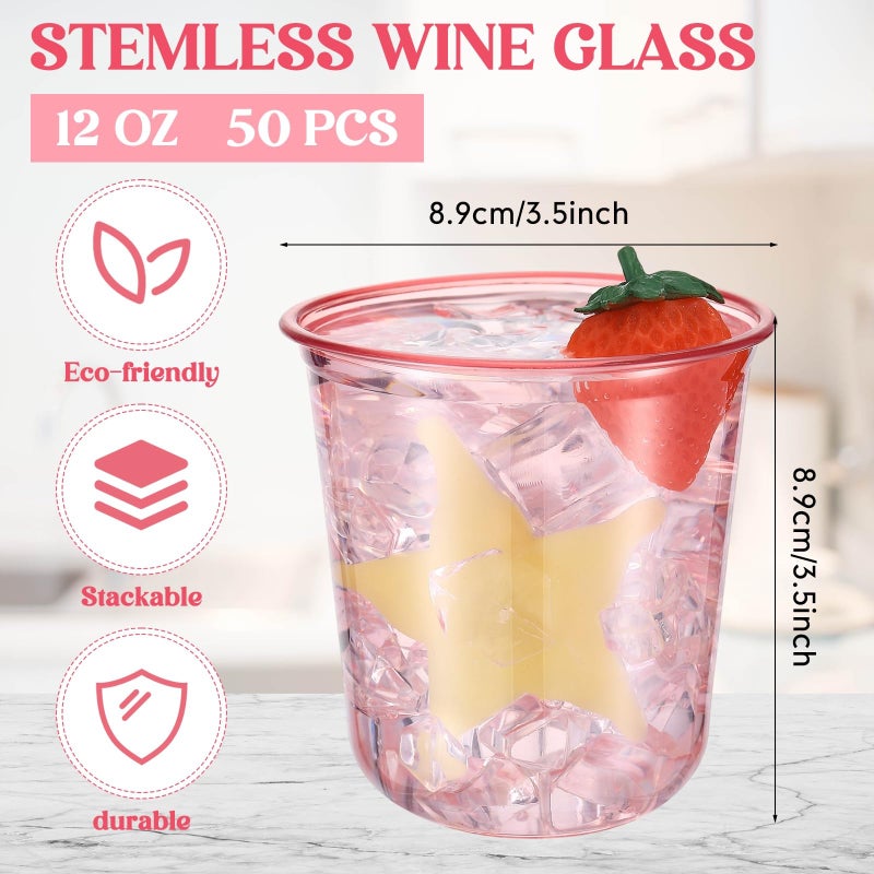 Ziliny 50 Pcs Disposable Stemless Glasses 12oz Crystal Plastic Wine Glasses Clear Classic Pet Cup for Meeting Weddings Birthdays Cocktail Christmas Party Supplies (Pink) - Image 3