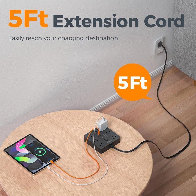 TESSAN 5Ft Black Extension Cord with Multiple Outlets, Surge Protector Power Strip with 6 Outlets and 3 USB Ports (1 USB C), 1700 Joules Protection, Flat Plug, Outlet Extender for Home, Office, Dorm - Image 4