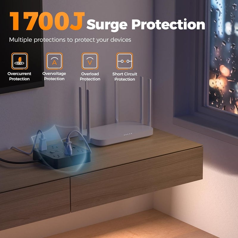 TESSAN 5Ft Black Extension Cord with Multiple Outlets, Surge Protector Power Strip with 6 Outlets and 3 USB Ports (1 USB C), 1700 Joules Protection, Flat Plug, Outlet Extender for Home, Office, Dorm - Image 5